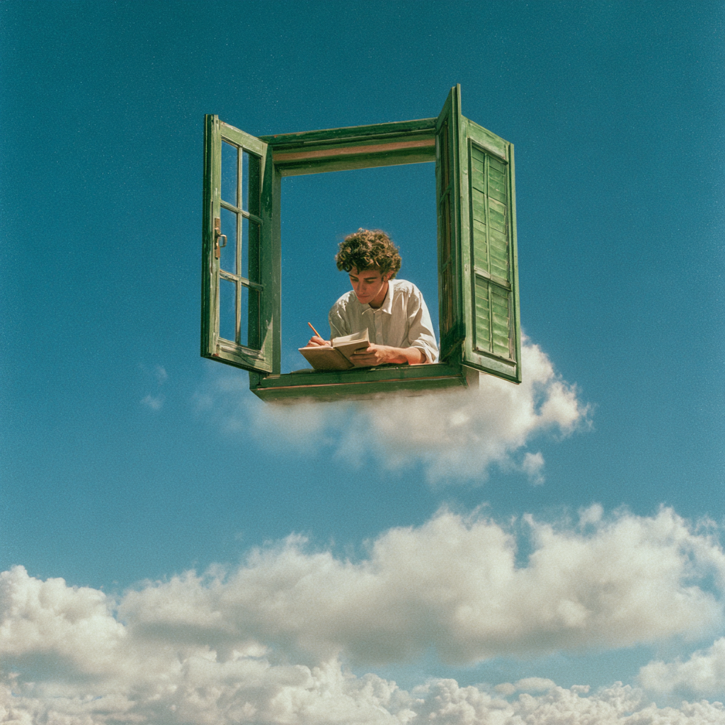Ventana surreal con escritor