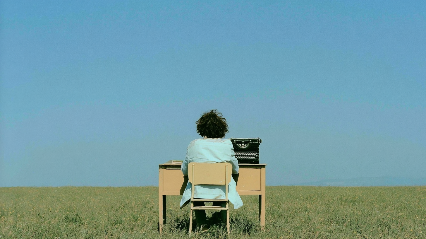 Escritora en un prado con máquina de escribir
